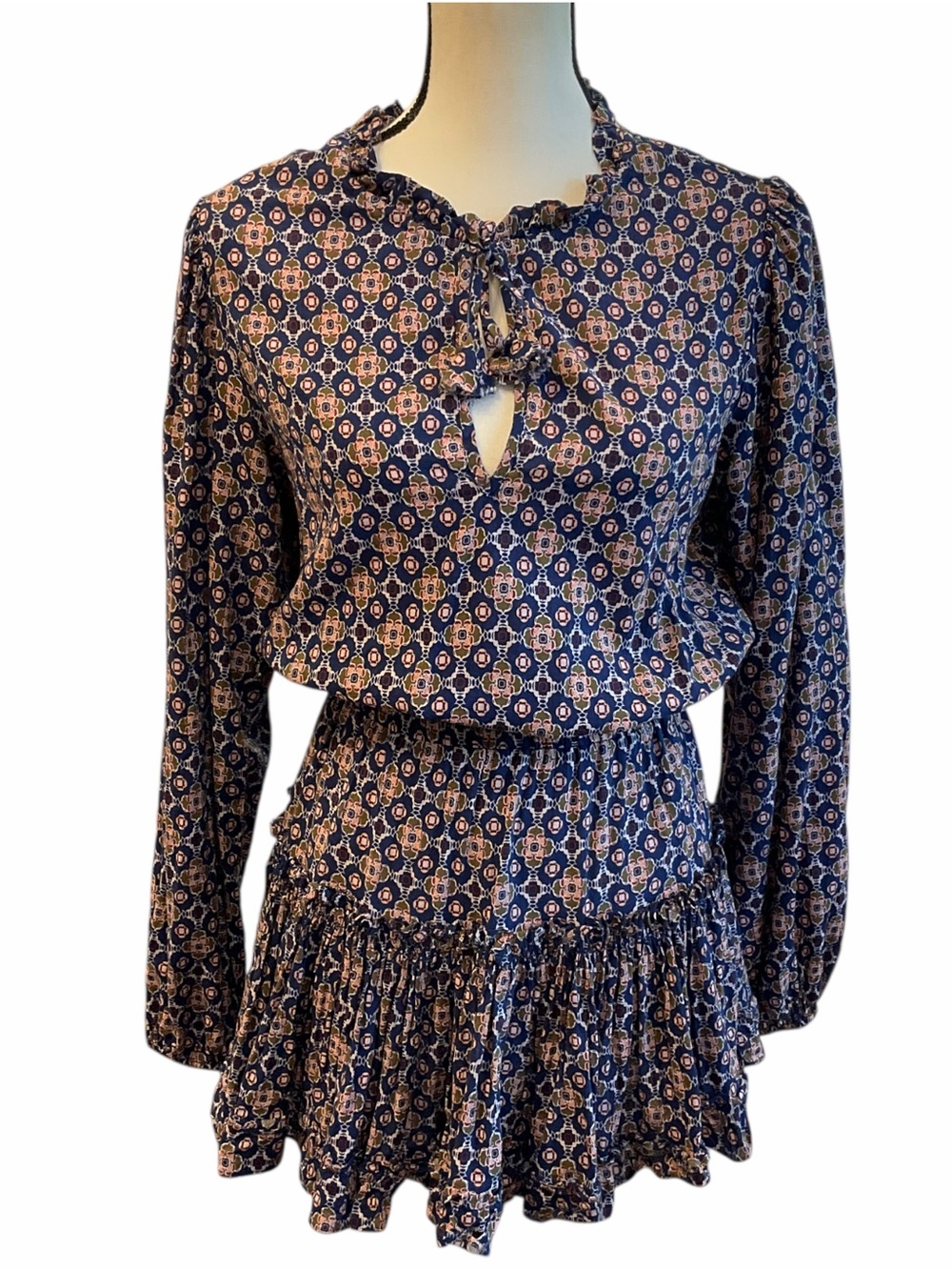 MISA Los Angeles Lorena Mini Dress Sz XS Blue elastic waist tiered skirt Fall